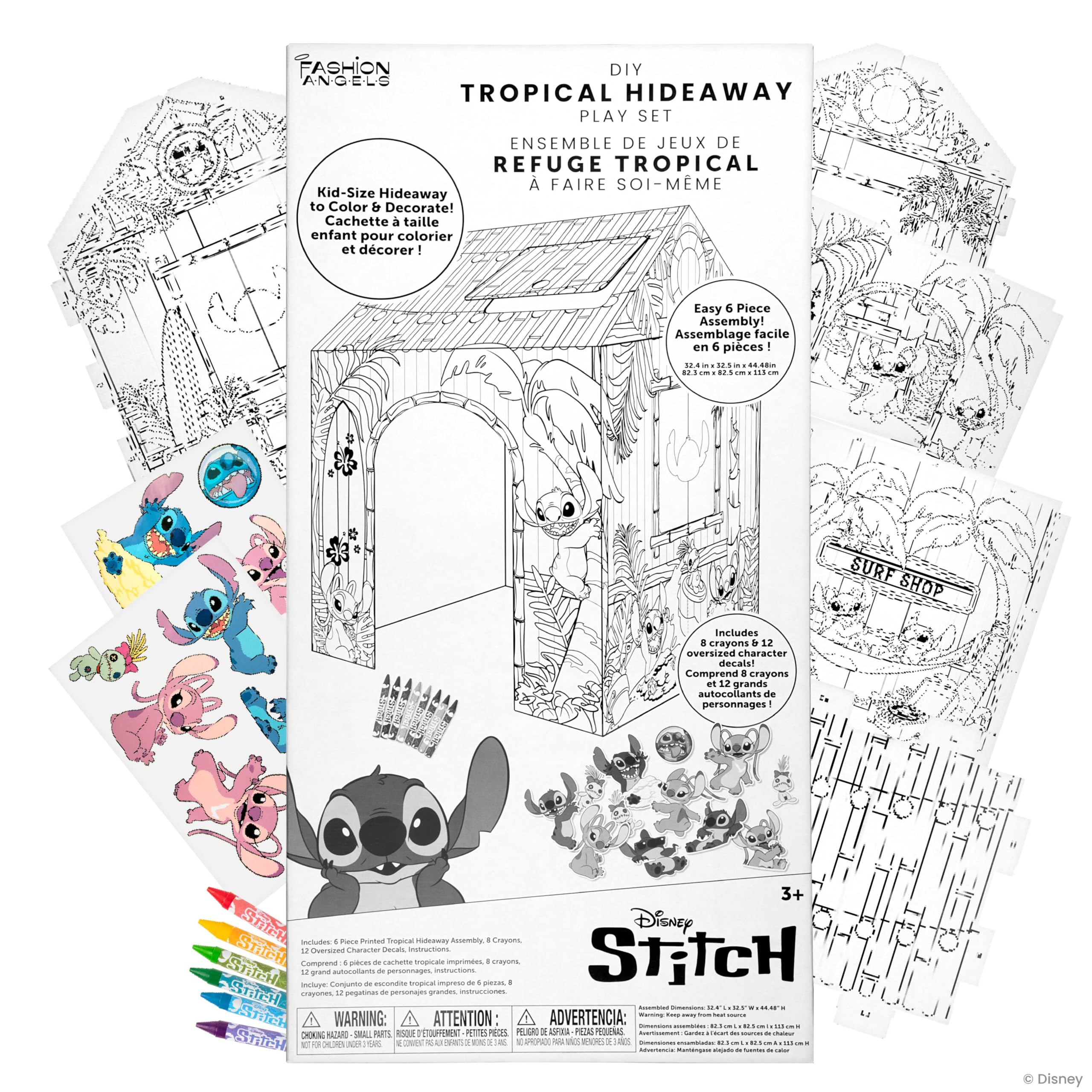 Fashion Angels Disney Stitch DIY Tropical Hideaway Playhouse, Color & Decorate Kid-Size Play Set with Crayons & Decals, Fun Craft Activity for Kids Ages 3+