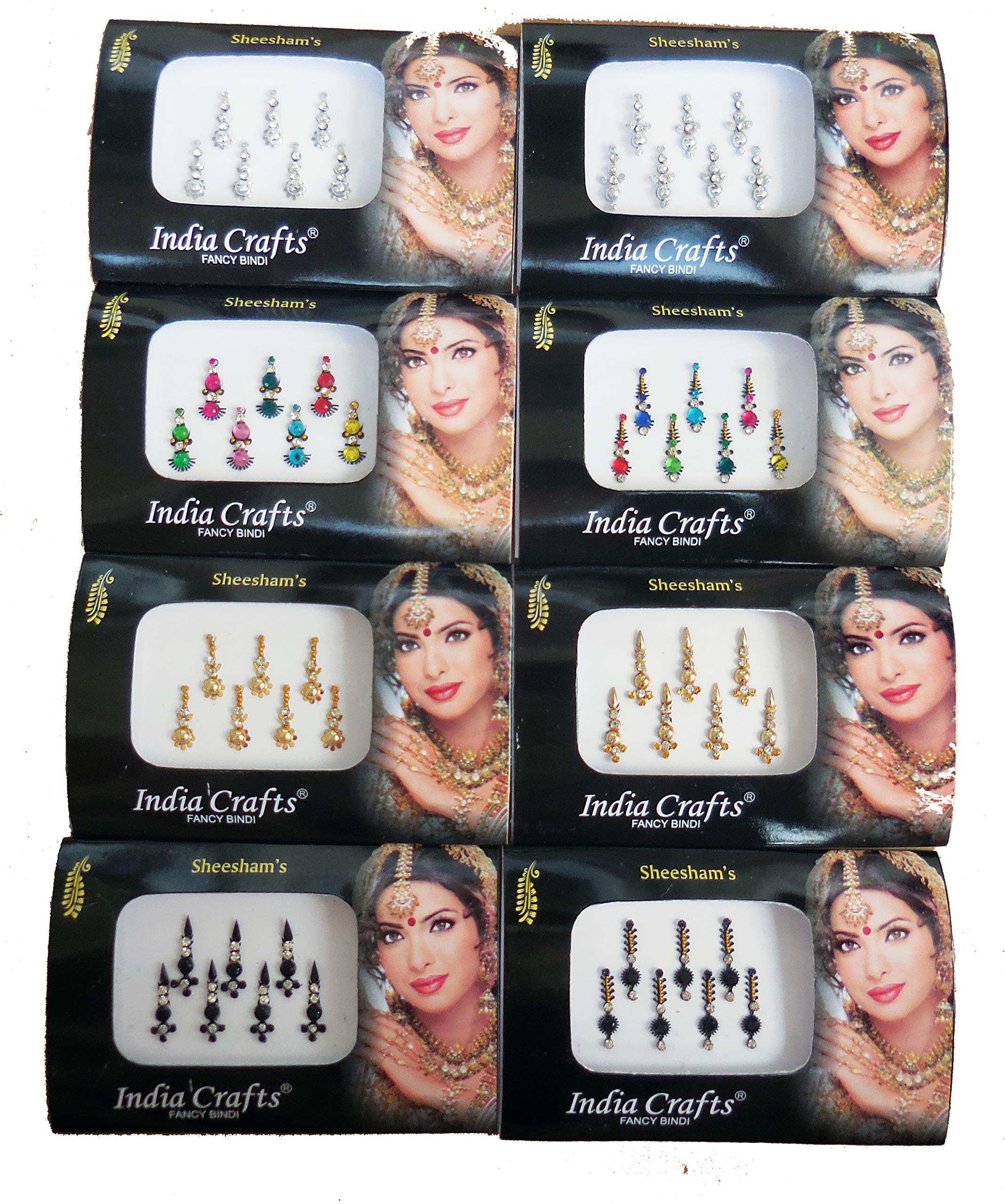 India Crafts8 Packs- 56 Bindis Combo of Silver/Gold/Black/Multicolored Face Jewels Bollywood tika`