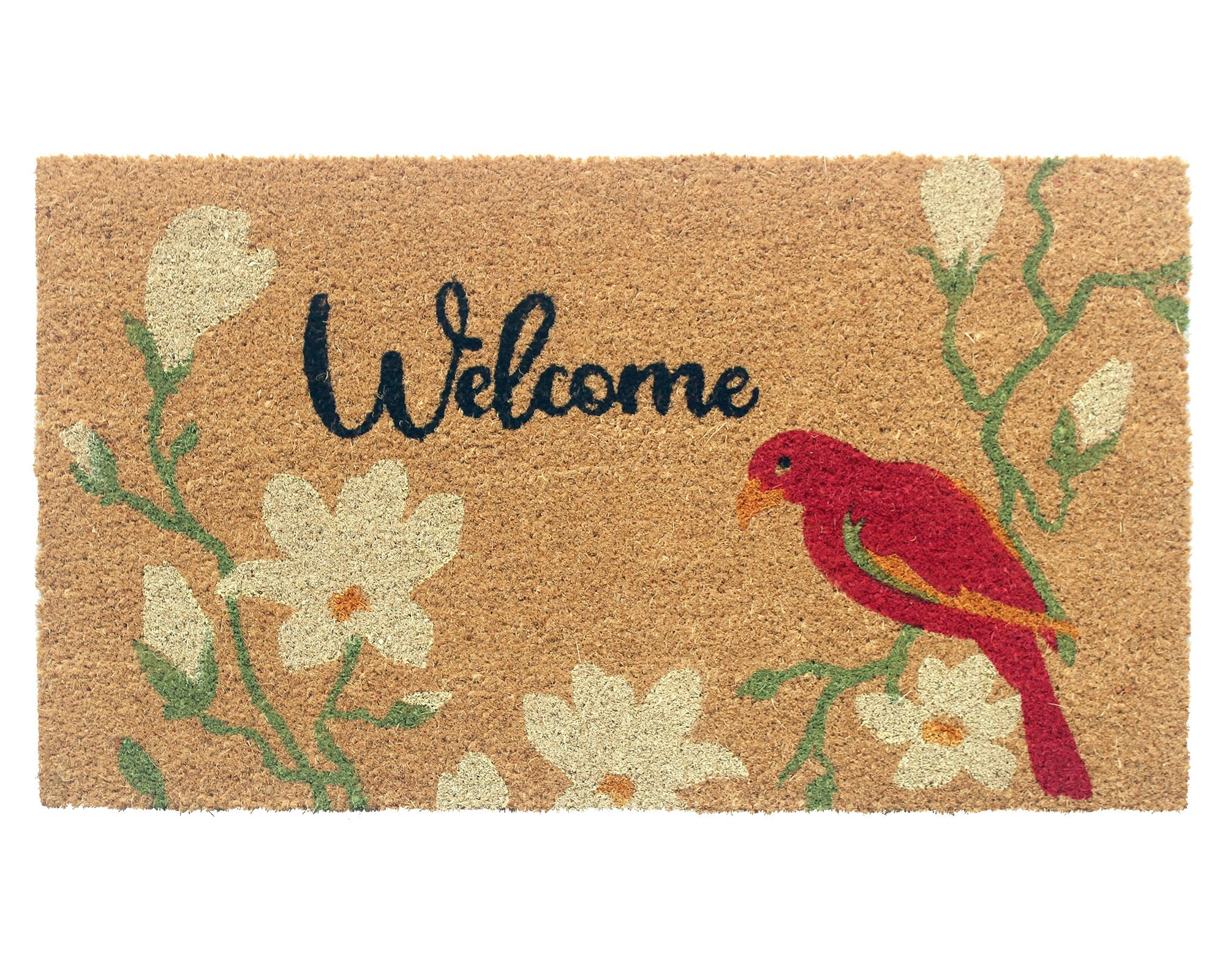 Coir Doormat with Non-Slip PVC Back, 30"x17" Large Size, 100% Natural, Indoor and Outdoor Mat, Dirt Trapper, Doormats for Front Door, Design - Welcome (Red Bird)