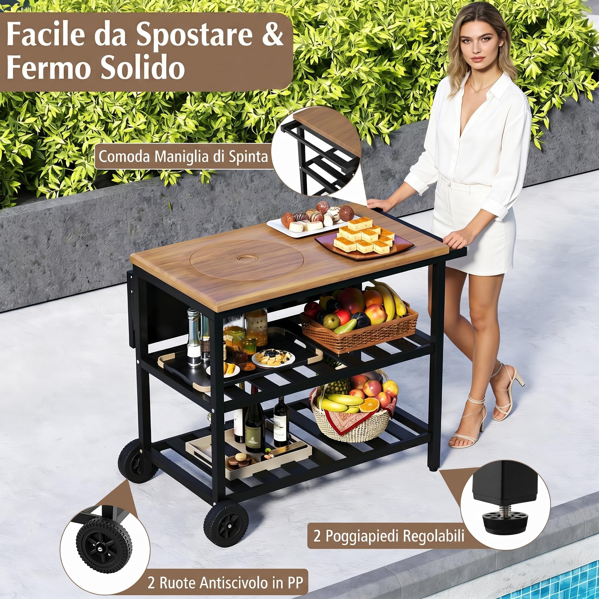 COSTWAY Carrello per Barbecue, Mobile Servizio da Esterno con Forno Smontabile, Griglie e Teglie in Metallo, Tavolino Pieghevole, Carrellino con Ruote per Picnic e Feste, 94,5 x 75 x 78,5 cm