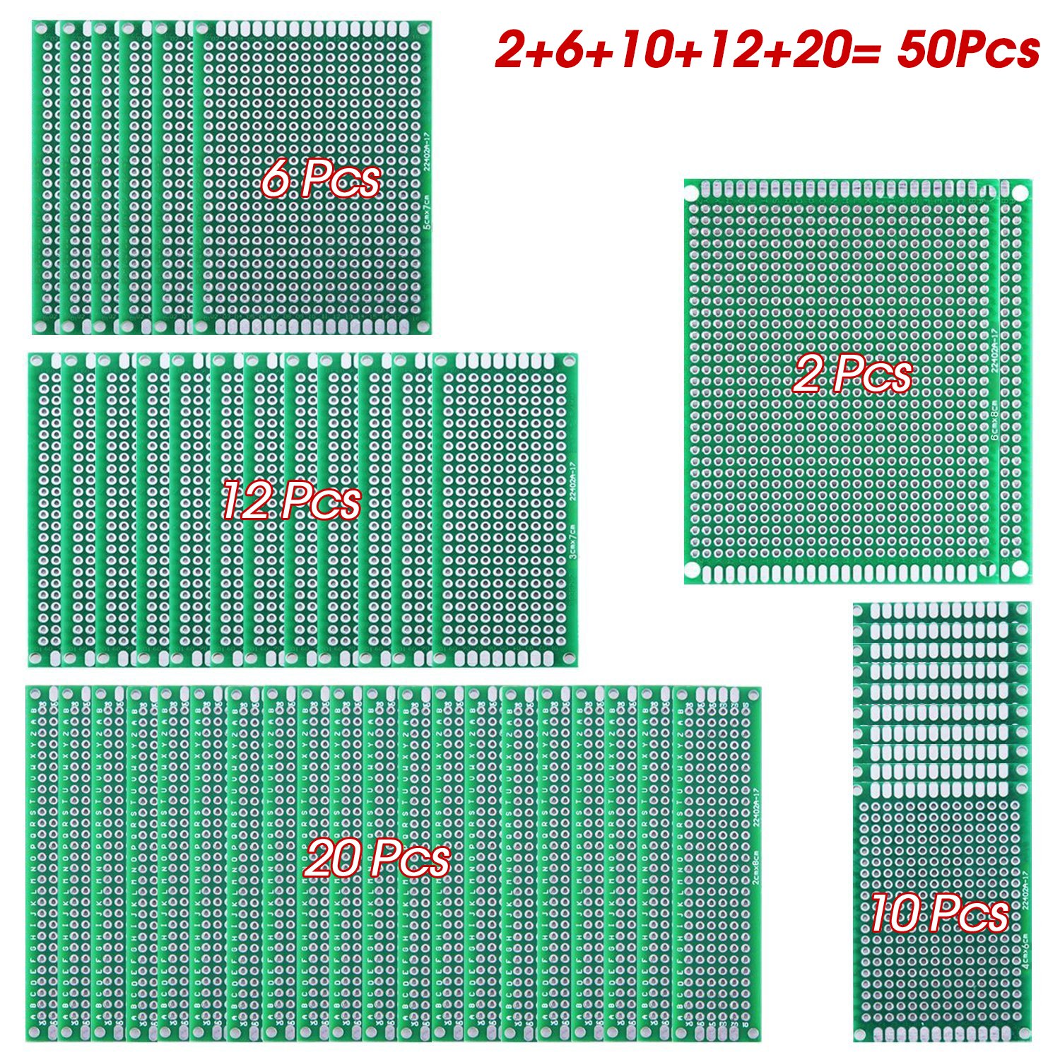 Layout of various PCB board sizes with quantities indicated