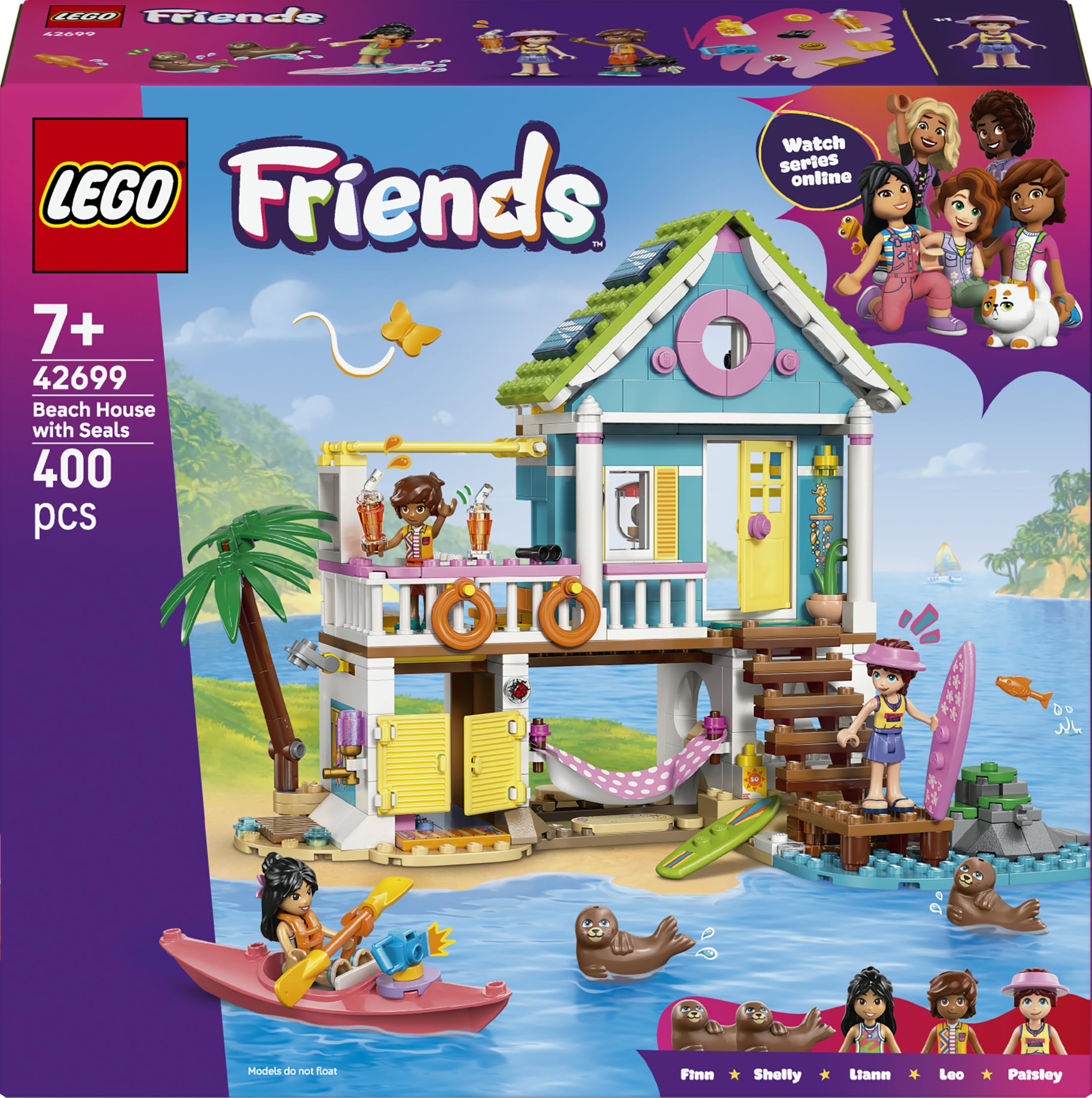 LEGO Friends Beach House with Seals - Miniature Toy Set w/ 3 Mini Dolls, 2 Sea Animal Figures and Accessories incl. Surfboard & Kayak - Birthday Gift for 7+ Year Old Girls - 42699