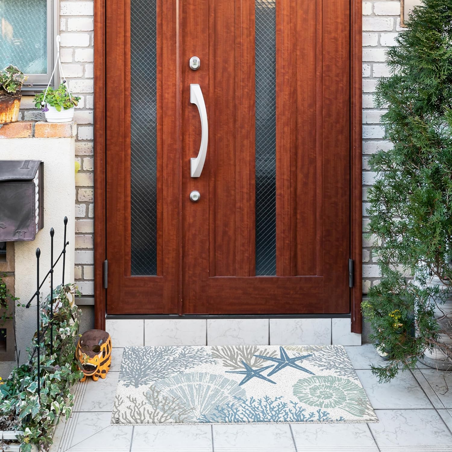 Jvpke Beach Door Mat, Coastal Ocean Coral Starfish Seashell Door Mat Indoor Outdoor Entrance Porch, Ocean Coral Bath Mats, Beachy Welcome Mats for Front Door, 17x30 Inches