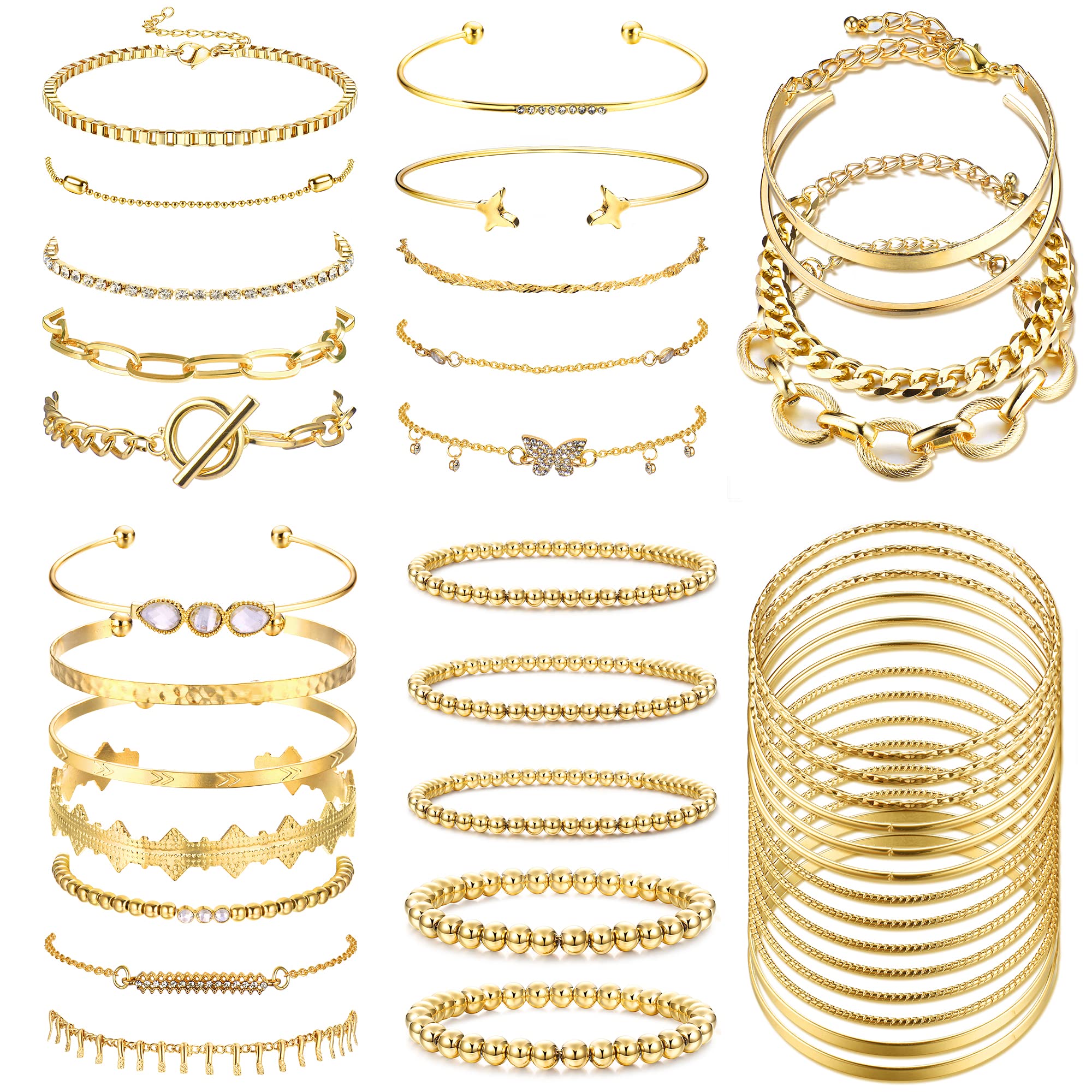 Morfetto40PCS (6 Pack) Gold Chain Bracelets Set for Women 14K Gold Plated Link Chain Bracelets Boho Stackable Bracelets Cuban Cuff Bangle Beaded Layered Bracelets Set