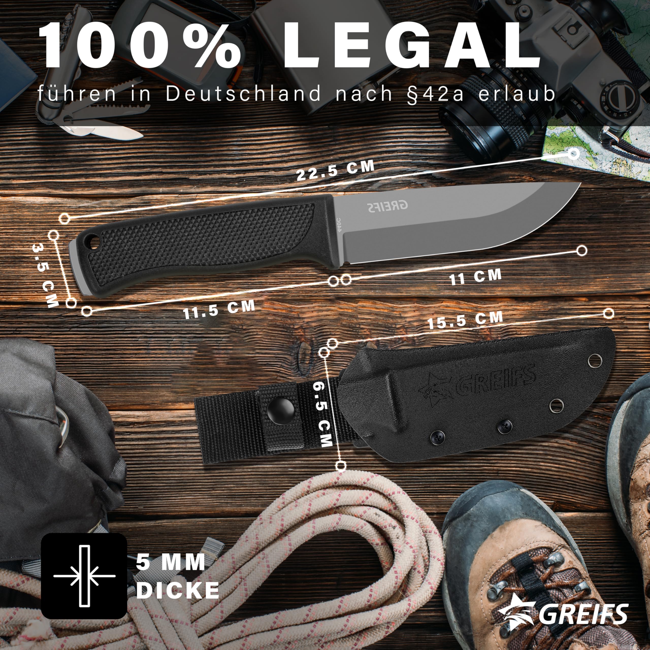 GREIFS® Outdoor-Messer G-Serie aus 440C Stahl mit Holster & Dangler, edles Survival Messer für die Bushcraft Ausrüstung, Jagdmesser, Schnitzmesser, Fahrtenmesser (G5/Schwarz)