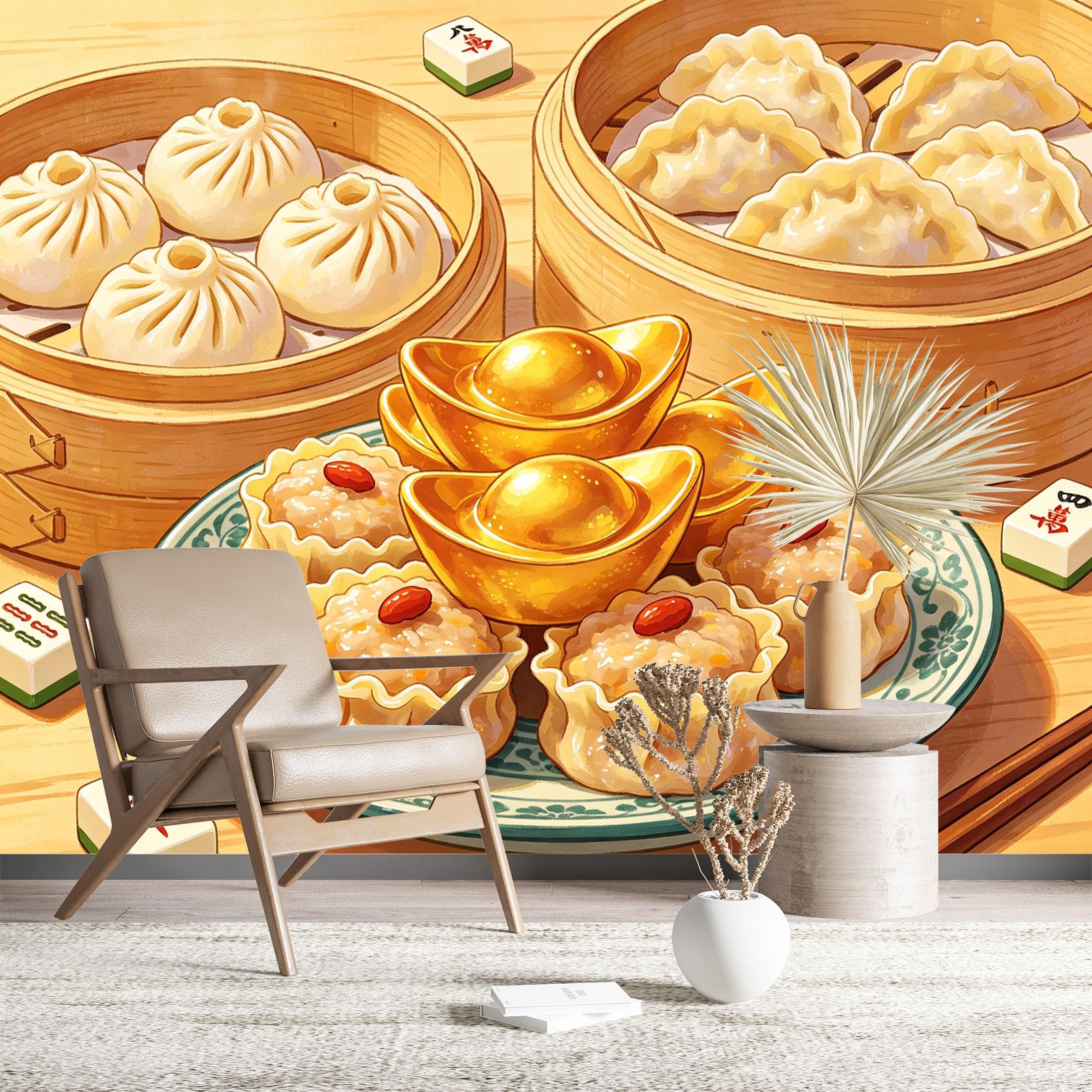 Custom Size Wall Murals Chinese Dim Sum with Gold Ingots Wall Murals Food Wallpaper HD Self-Adhesive Removable Wallpaper for Kitchen Dining Room