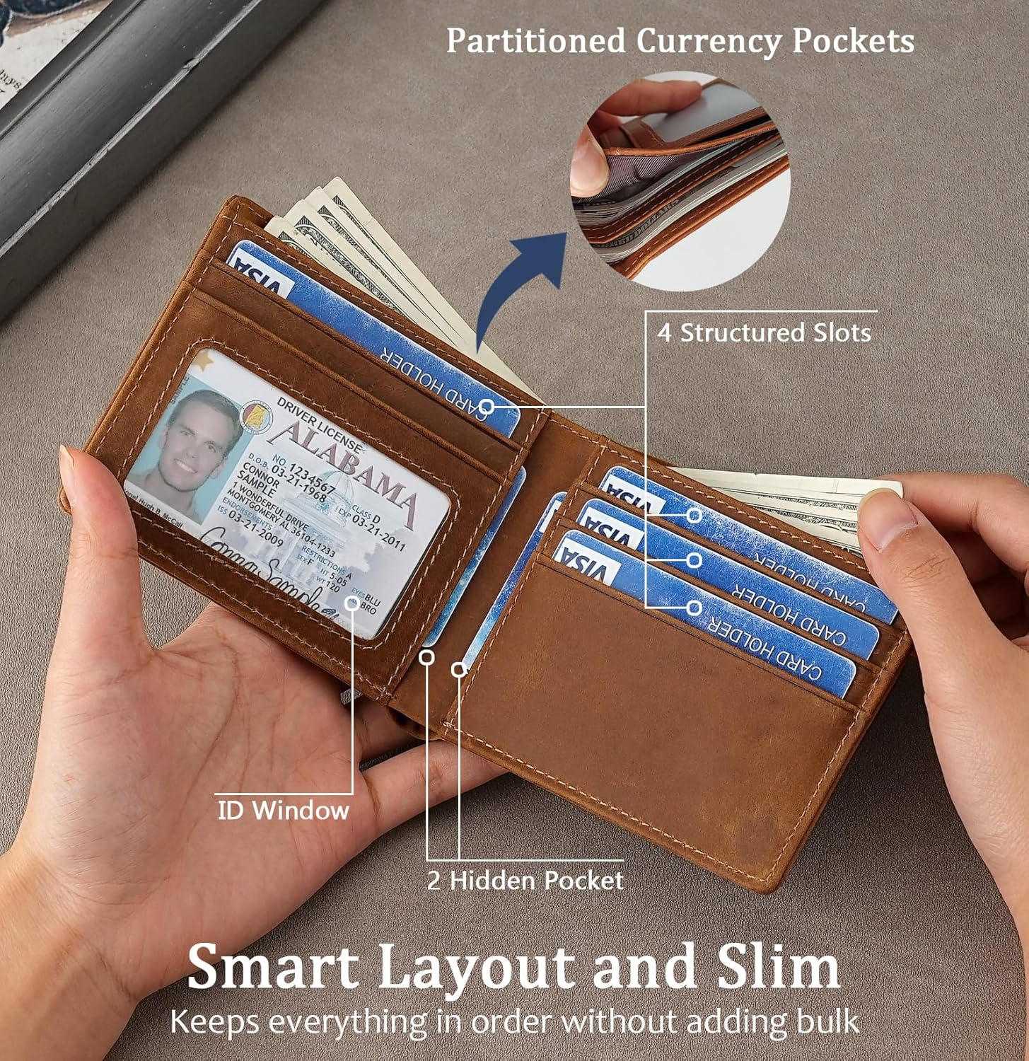 Men's Slim Bifold Wallet with RFID Blocking | Genuine Leather | Compact 4.3" x 3.5" Design | 6 Card Slots, 2 Cash Pockets & ID Window | Horizontal Front/Back Pocket Wallet with Gift Box (Brown) - Image 4