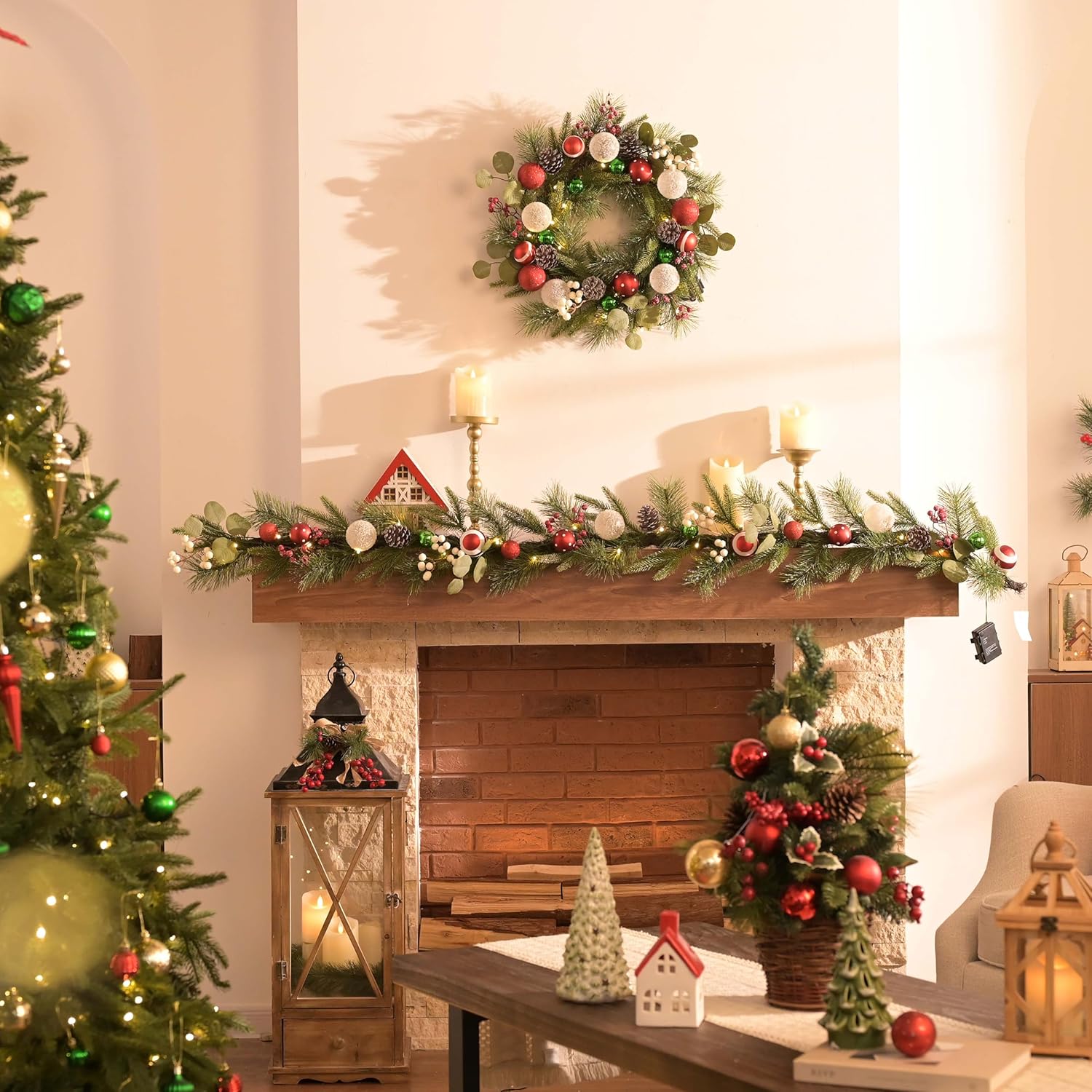 Valery Madelyn 20'' Pre-Lit Christmas Wreath for Front Door with Light, Lighted Christmas Door Wreath with Red Green White Xmas Ball Norfolk Pine Branch for Home Porch Fireplace Window Holiday Decor - Image 2