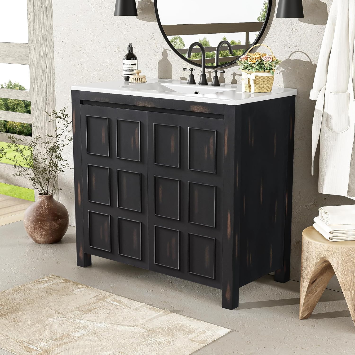 Merax 36" Bathroom Vanity with Ceramic Sink, Organizer Bathroom Storage Cabinet with Shelves, Vintage Espresso