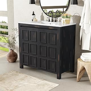 36" Espresso Bathroom Vanity Ceramic Sink Solid Wood Storage Cabinet