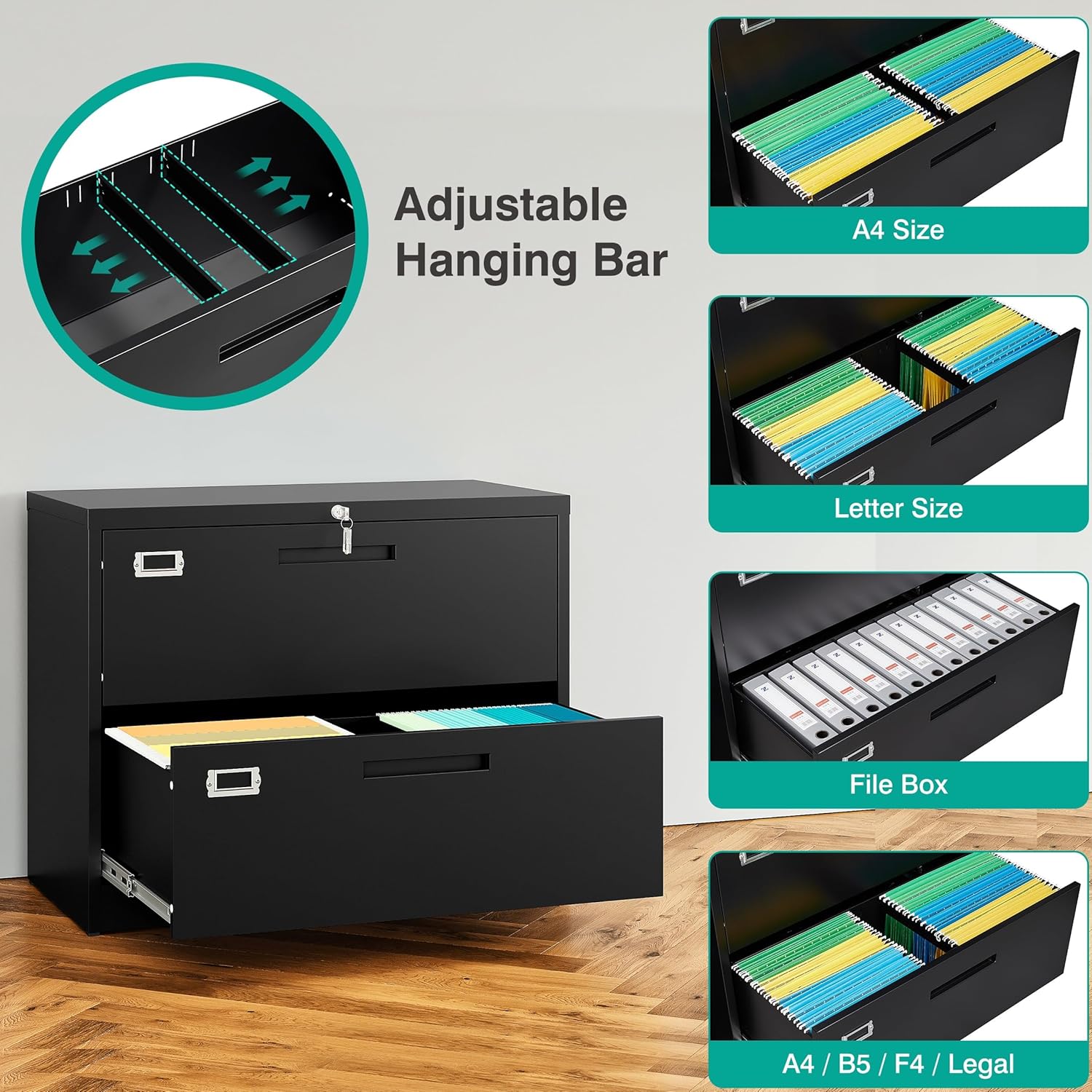SISESOL 2 Drawer Lateral File Cabinet showing various file boyutlar