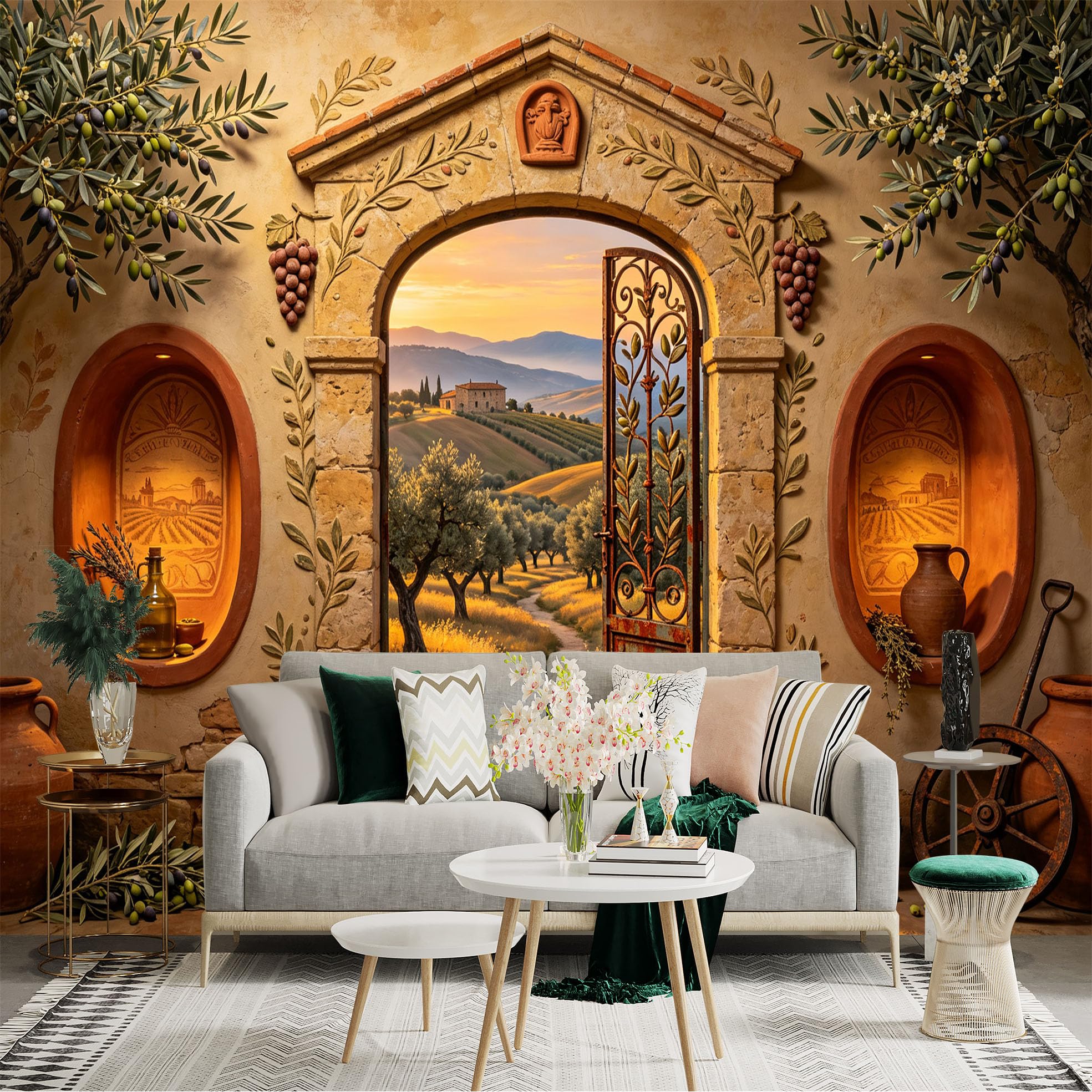 Custom Size Wall Sticker Mural， Rustic Vineyard Archway， Olive Trees and Countryside Path， for wall Decoration， peelandstick wall Decals.