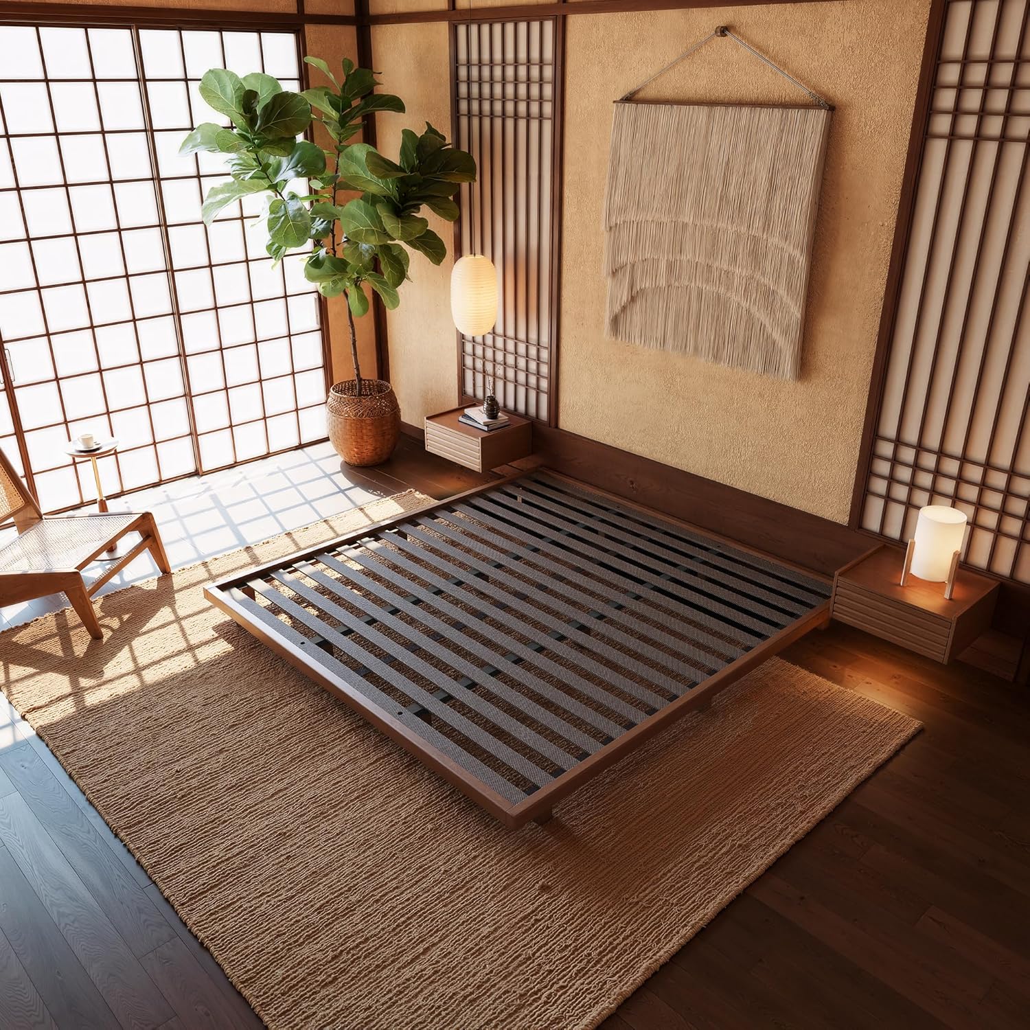 homary Japanese Style King Floor Bed Frame, 5.9" Low Profile Tatami Platform Bed with Carbon Steel Slats & Wood-Finished Metal Frame, No Box Spring Needed, Fits King Mattress 76" W × 80" L