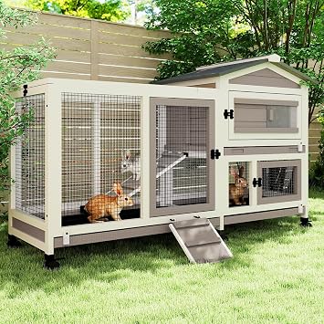 Rabbit Hutch Outdoor Indoor, 2 Story Wooden Bunny Cage with 6 Lockable Wheels, 3 Removable Deep No Leakage Pull Out Trays for Rabbit & Guinea Pig, Chew-Proof Ramp & Waterproof Roof, Grey