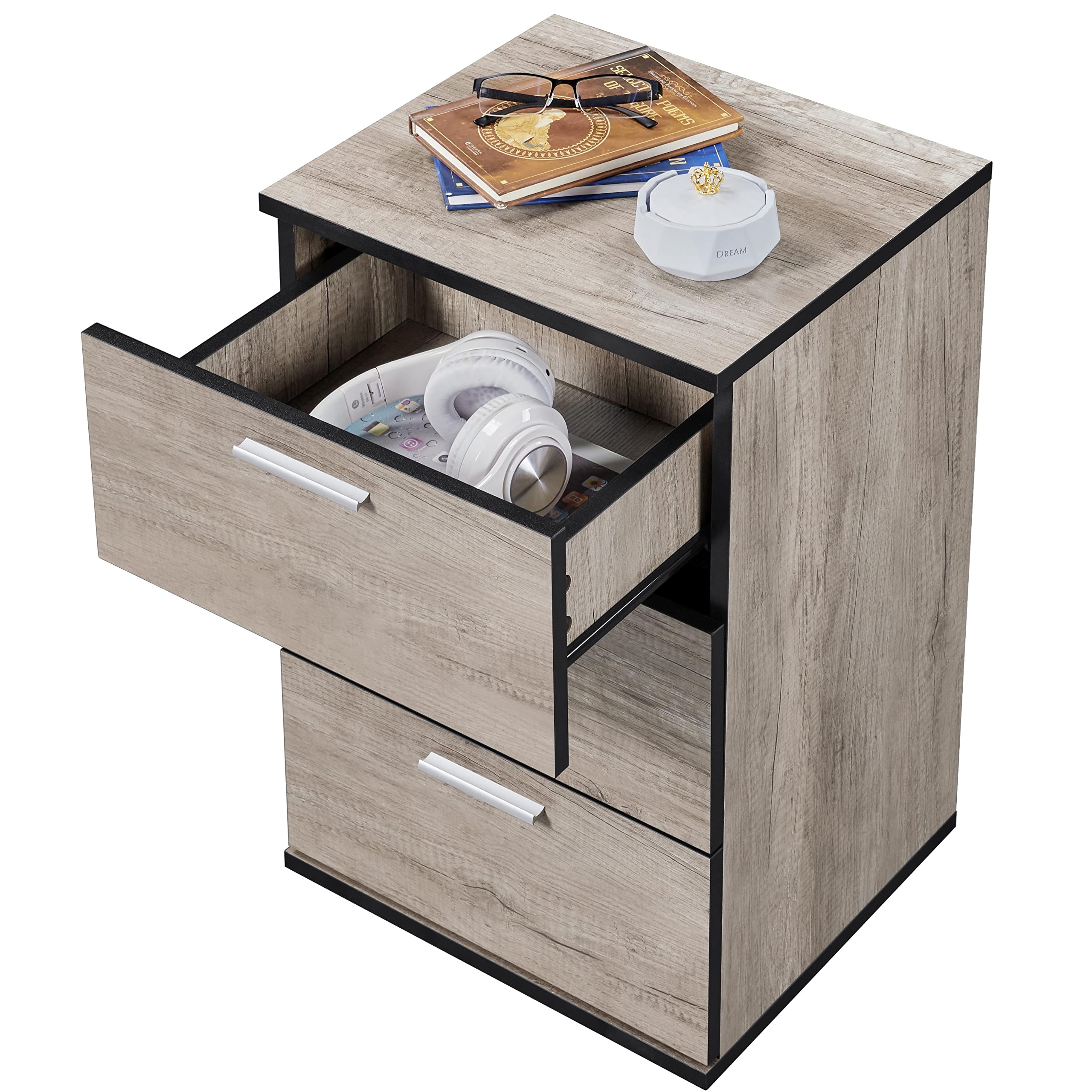 Yaheetech Table de Chevet Table de Nuit en Bois 40 x 35 x 60 cm Commode de Chevet avec 3 Tiroirs de Rangement pour Chambre à Coucher Salon Bureau Moderne
