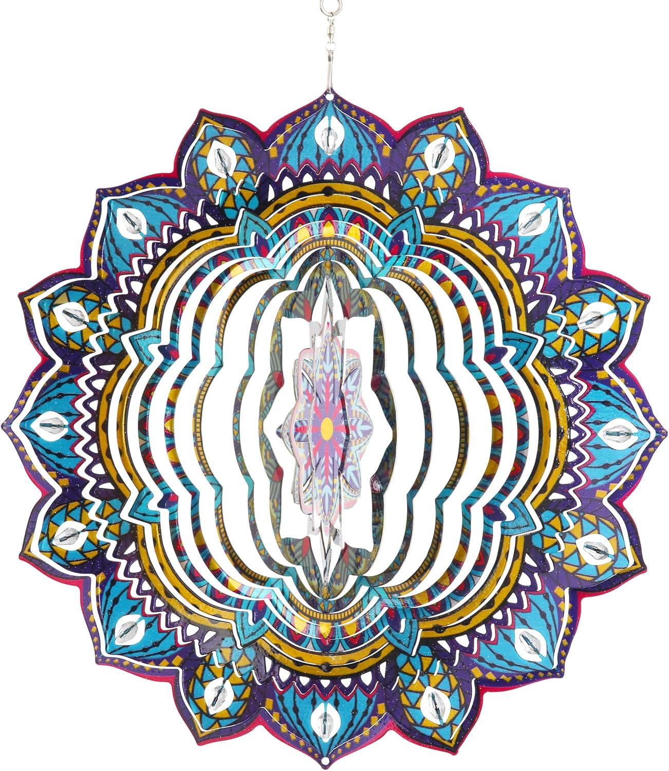Exhart Wind Spinner, Starburst Mandala Wind Sculpture, 3D Laser Cut Patterns with Bead Details, Metal Outdoor Garden Decoration, Multicolor Lawn and Yard Art, 12 Inch