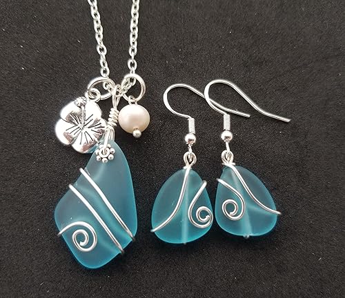 Miniatura 4 de Juego de collar de cristal de mar azul turquesa envuelto en alambre + aretes, piedra natal de diciembre, hibisco y perla de agua dulce, (regalo de