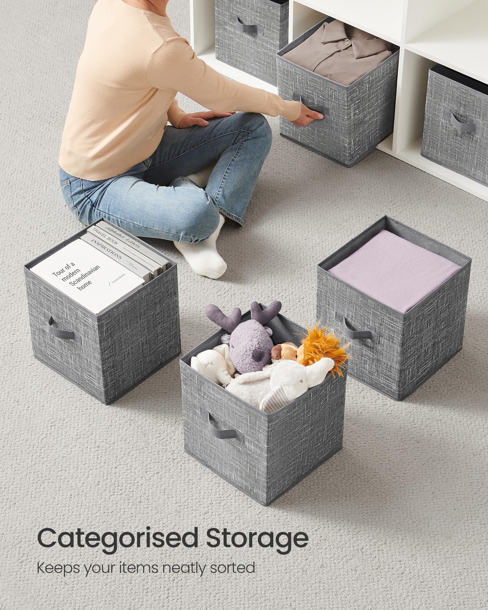 SONGMICS Storage Cubes, 26 cm Non-Woven Fabric Bins with Double Handles, Set of 8, Wardrobe Organisers for Shelves Foldable - Image 4