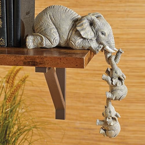 Miniatura 2 de Collections Etc Figuras de elefante de tamaño completo pintadas a mano, juego de 3, madre y dos bebés colgando del borde de un estante o mesa