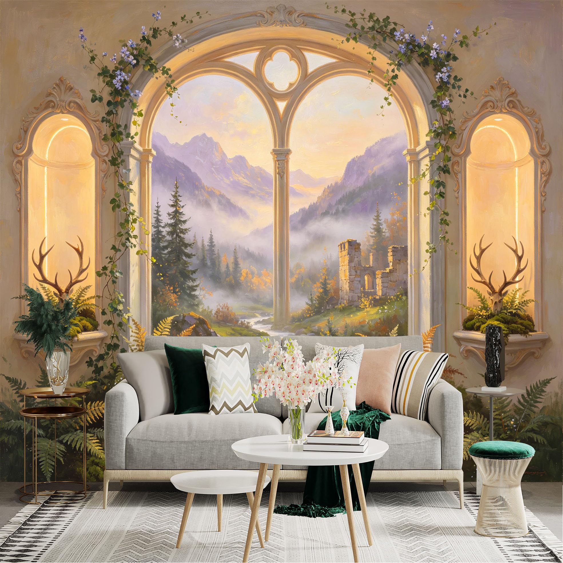 Custom Size Wall Sticker Mural， Mountain Valley View with River， Arch Window and Ruins， for wall Decoration， peelandstick wall Decals.
