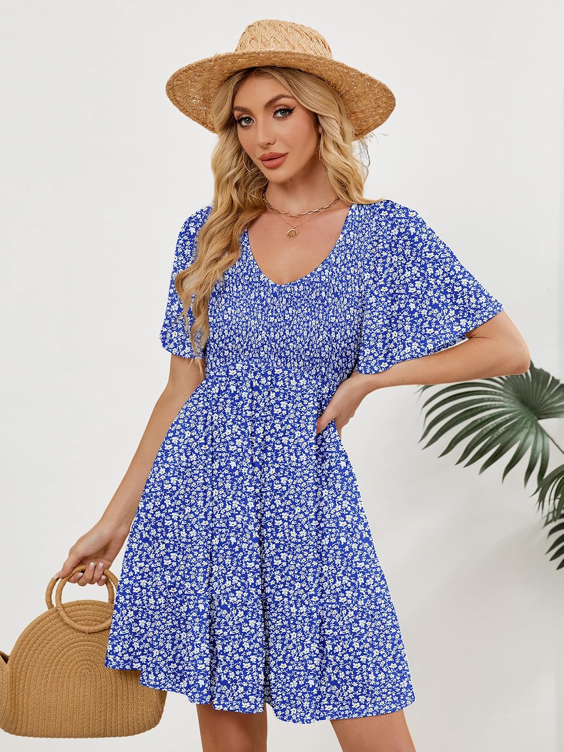  Womens Cute Floral Smocked V Neck Flutter Sleeve Sundress with Pockets Casual Spring Summer Dresses for Women 2026 thumbnail