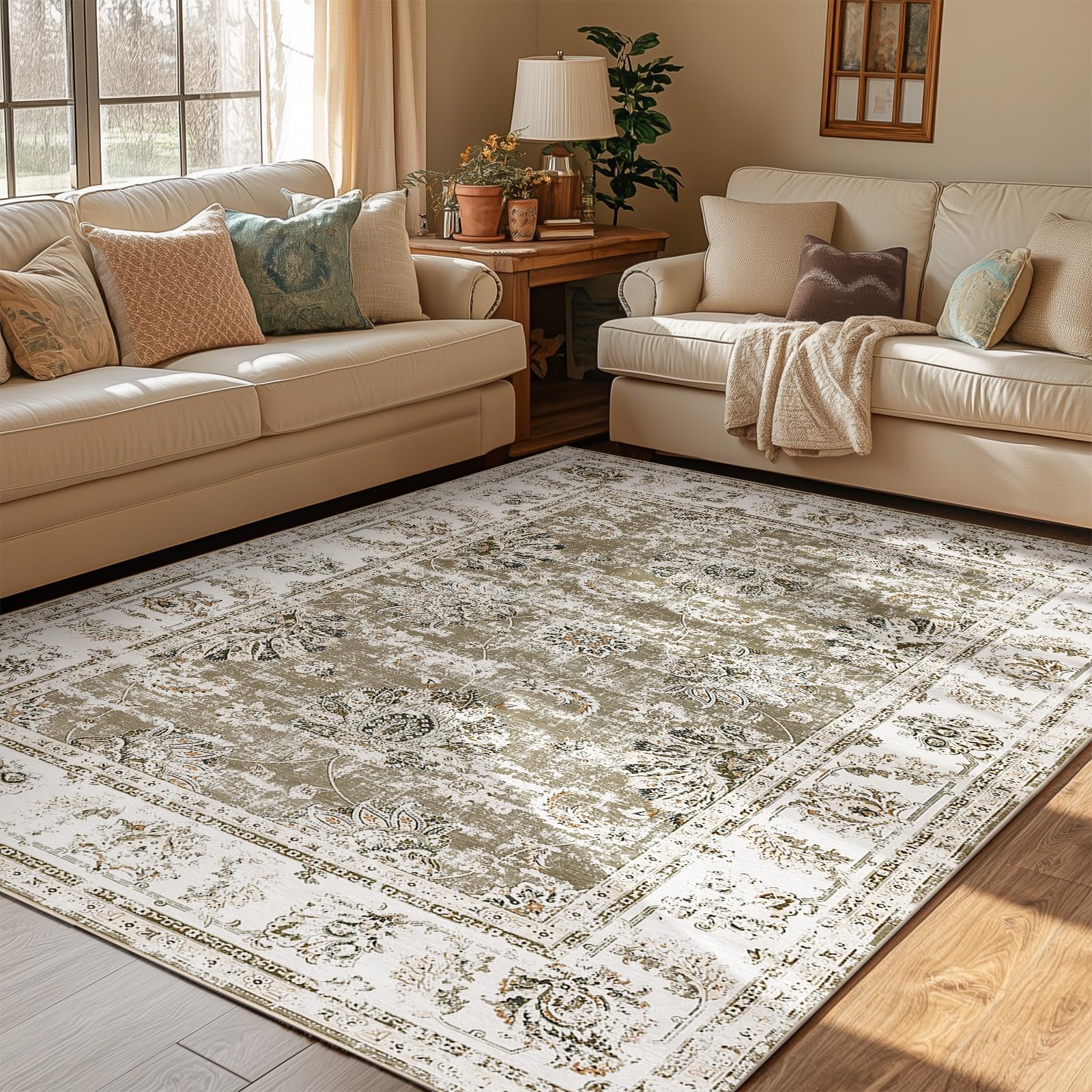 JINCHAN Area Rug 152x213CM Persian Rug Taupe Vintage Rug Chenille Floor Mat Indoor Thin Accent Rug Floral Print Carpet Foldable Rug Boho Decor Farmhouse Non Slip for Living Room Bedroom Dining Room