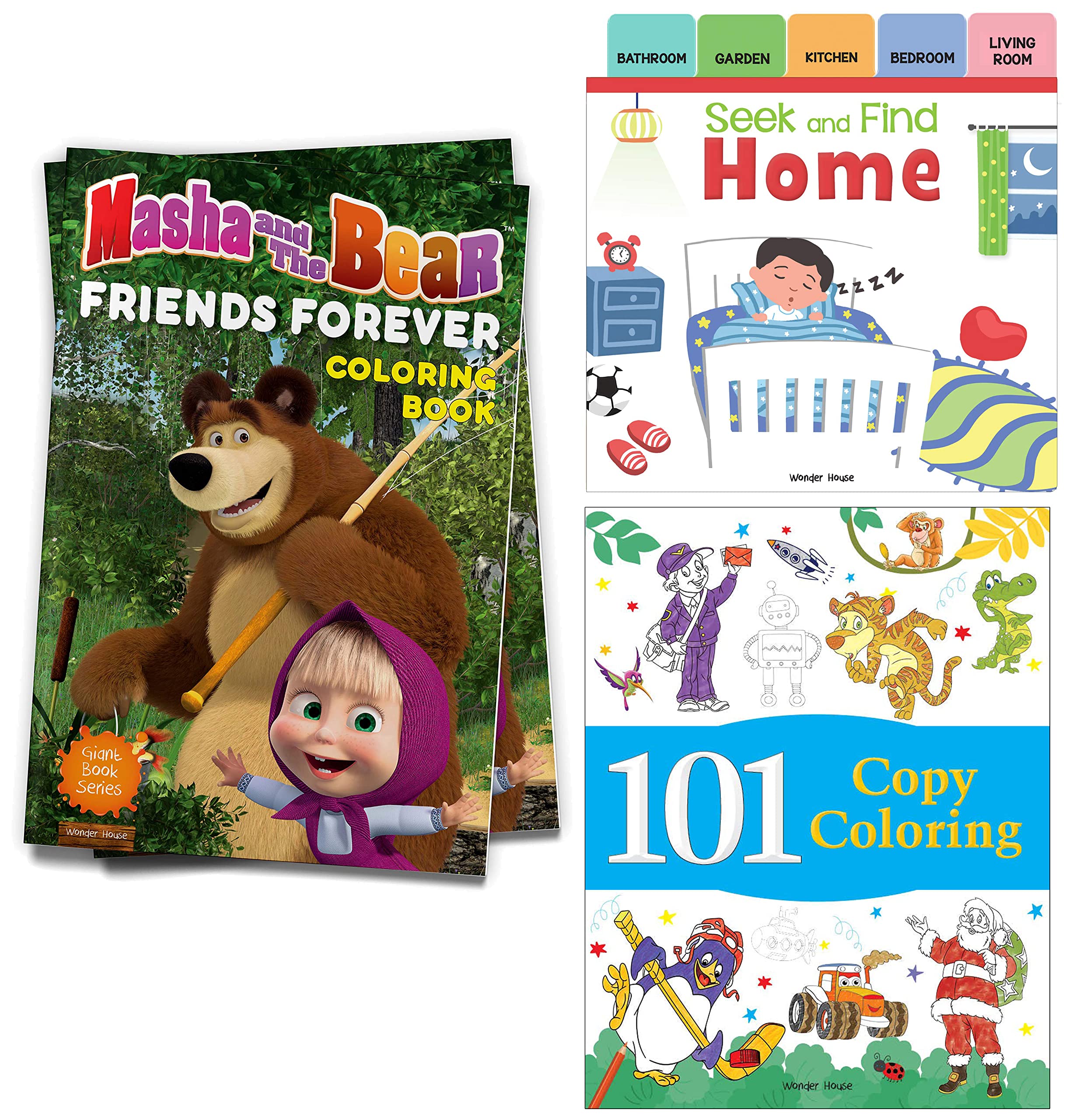 Seek and Find - Home: Early Learning Board Books with Tabs & Masha And The Bear - Friends Forever: Giant Coloring Book For Kids & 101 Copy Coloring: Fun Activity Book For Children