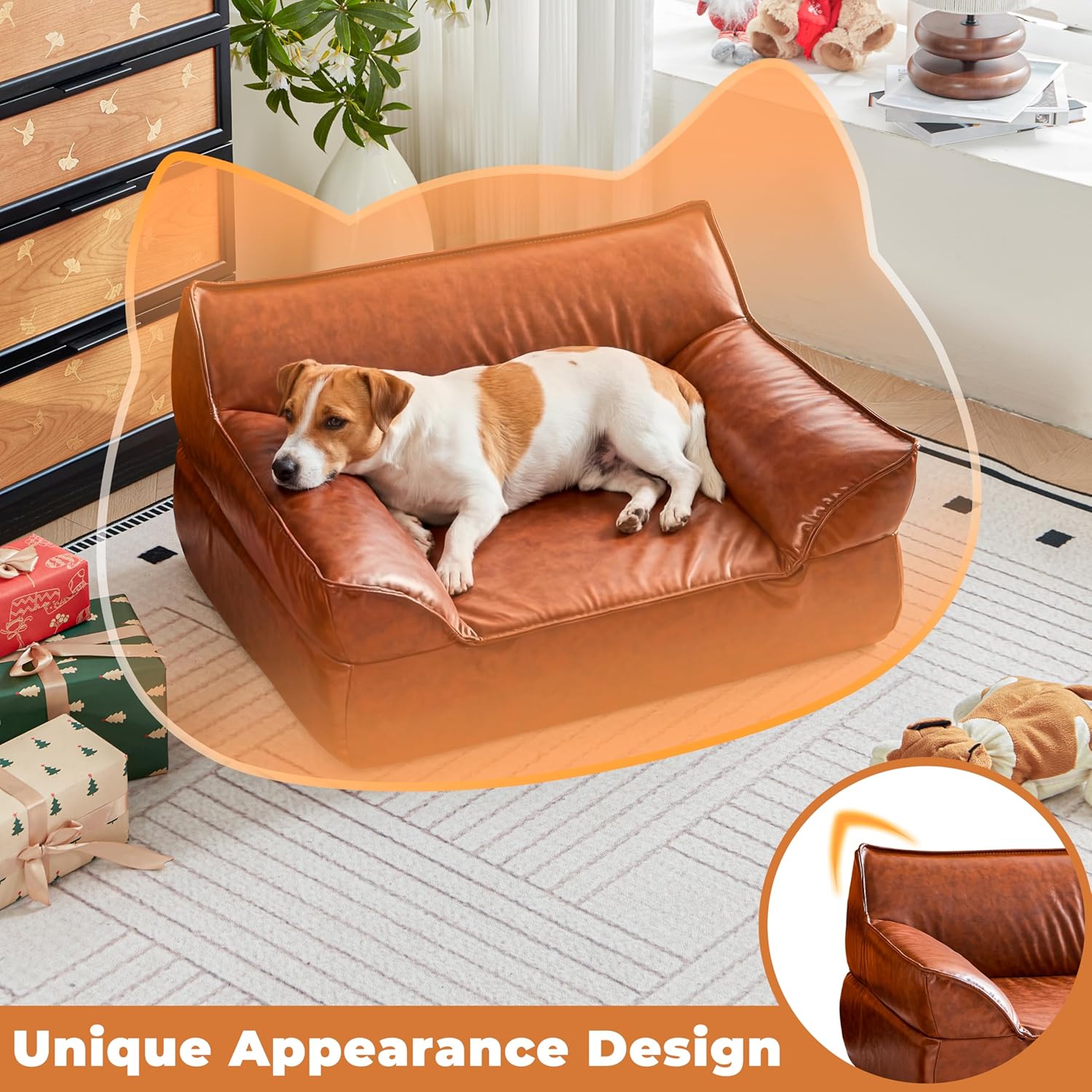 Leather Dog Bed Couch for Small and Medium Dogs Under 50 lbs, Brown Mid Century Modern Elevated Cat Sofa Chair Luxurious Indoor Furniture Style Pet Supplies for Puppy
