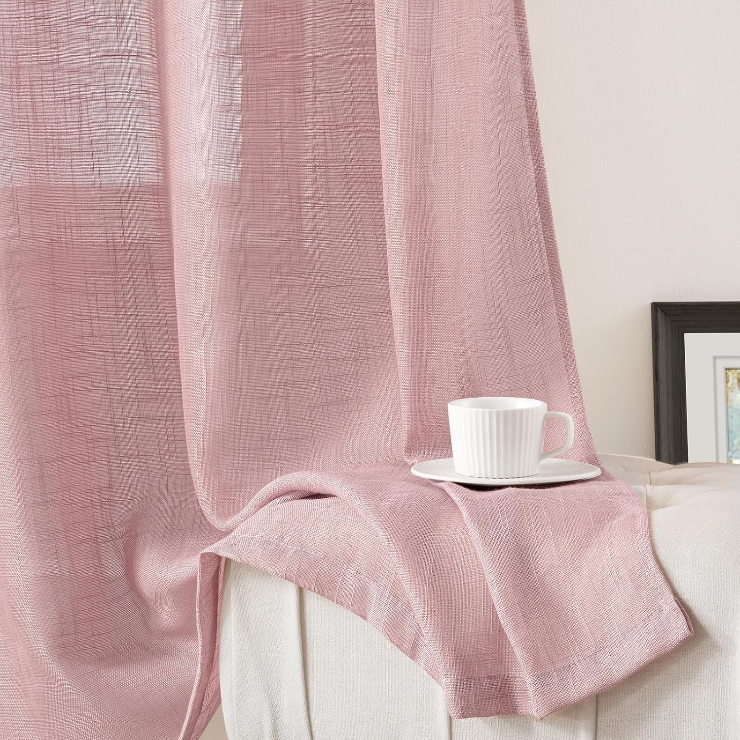 HOMEIDEAS Pink Linen Textured Sheer Curtains, 84 Inches Long 2 Panels Semi Sheer Curtains Farmhouse Window Drapes for Bedroom Living Room, 2 Panels, W52 x L84