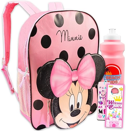 Mochila escolar de Minnie Mouse de Disney para niños pequeños, mochila escolar de Minnie Mouse de 12 pulgadas con orejas y lazo 3D, botella de agua