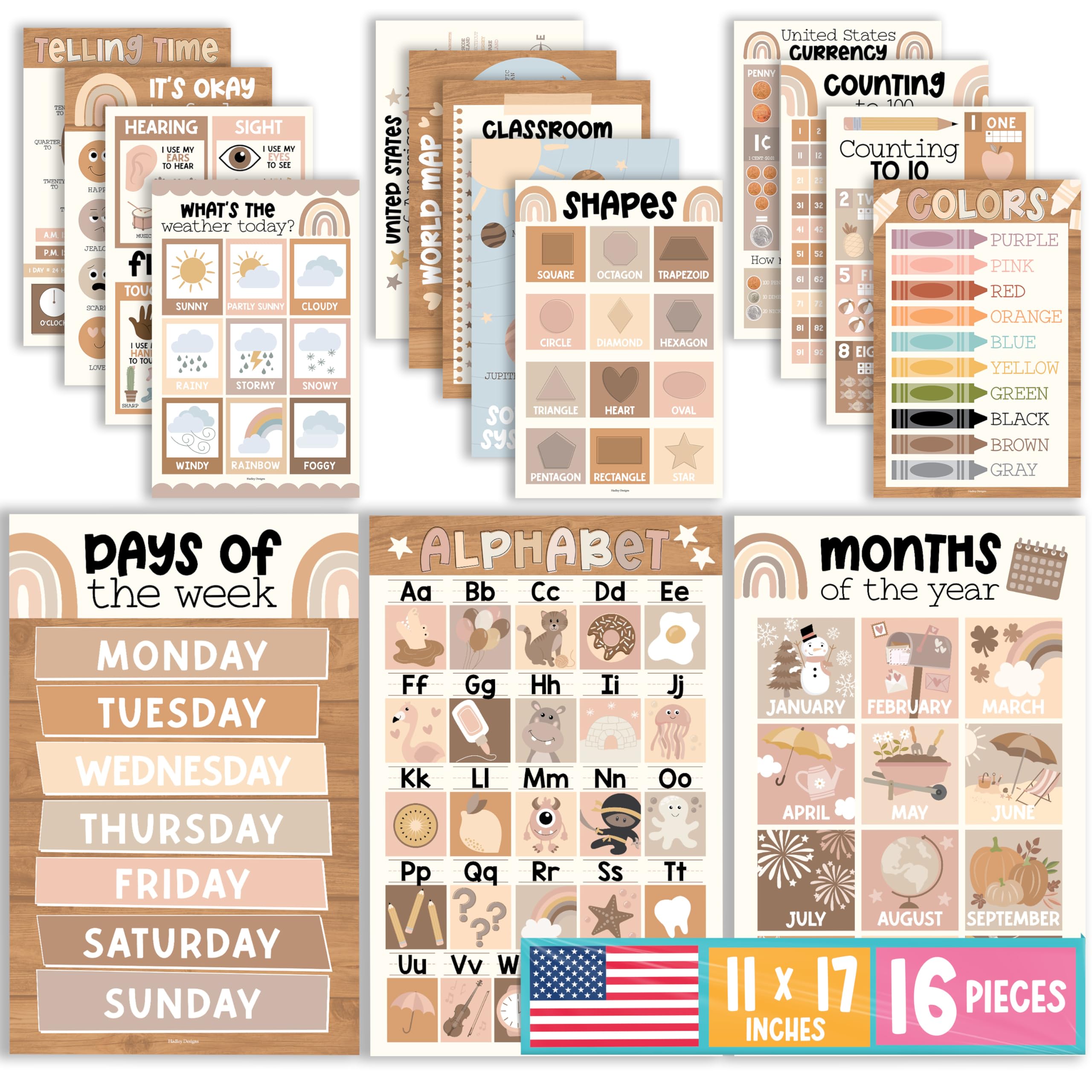 Hadley Designs 16 Educational Posters for Toddlers 1-3 - Learning Poster for Kids Ages 3-5, Alphabet Chart Playroom Homeschool Daycare & Classroom