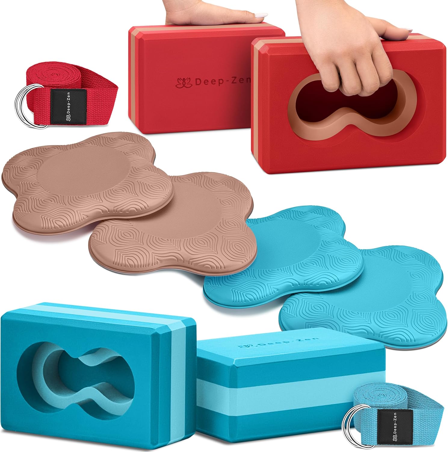Yoga Blocks Wrist Support: 2x Yoga Blocks 2 Pack with Strap and Knee Pads | EVA Foam Exercise Blocks, 4 Knee Pads & 2 Yoga Straps | Pilates Block Yoga Brick Bundle of 2 Sets: Blue + Red