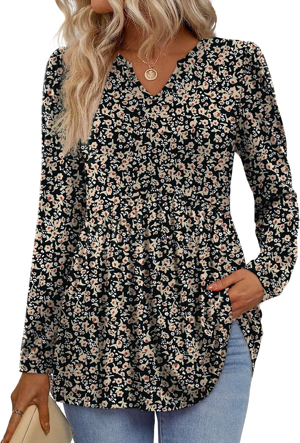 WIHOLL Womens Tops Long Sleeve Fall Shirts Babydoll Peplum Tops for Women V Neck Tunic Dressy Casual Blouses