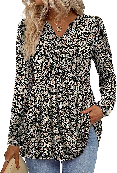 WIHOLL Womens Tops Long Sleeve Fall Shirts Babydoll Peplum Tops for Women V Neck Tunic Dressy Casual Blouses
