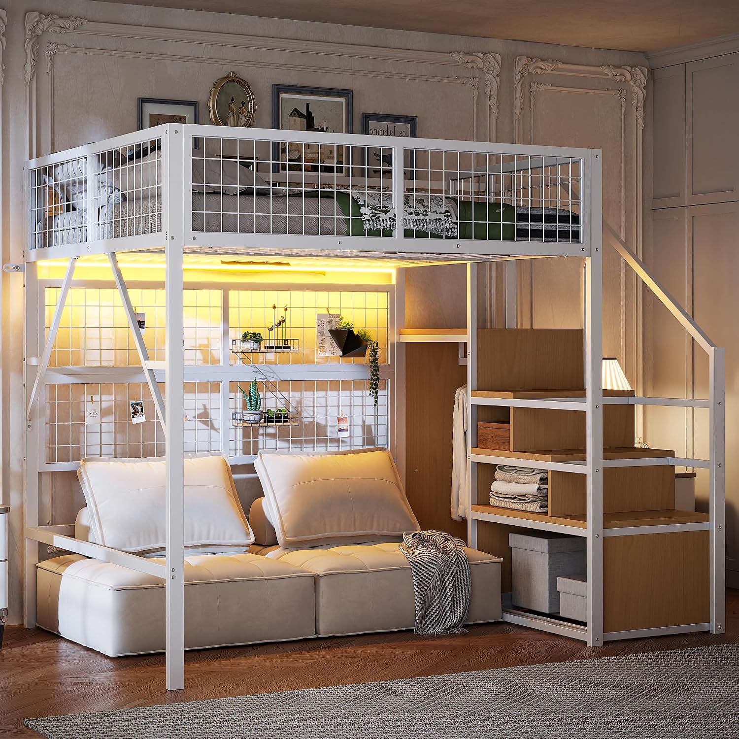 Eisenbett Etagenbett Hochbett 140*200 Geeignet f r Kinder und Jugendliche VielseitigesMetall-Hochbett mit APP-gesteuerten L-E-D-Lichtleisten Treppe mit Stauraum offenem Kleiderschrank Wei
