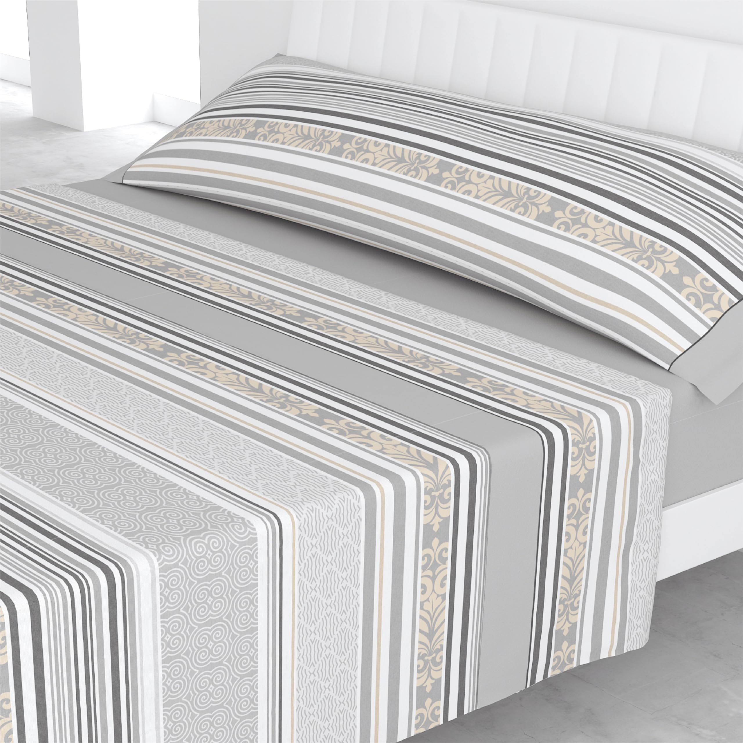 Liniva Home Juego de Sábanas Estampadas de Verano Algodón/Poliéster (Cama 90cm (1 Almohada), Sicilia-Gris)