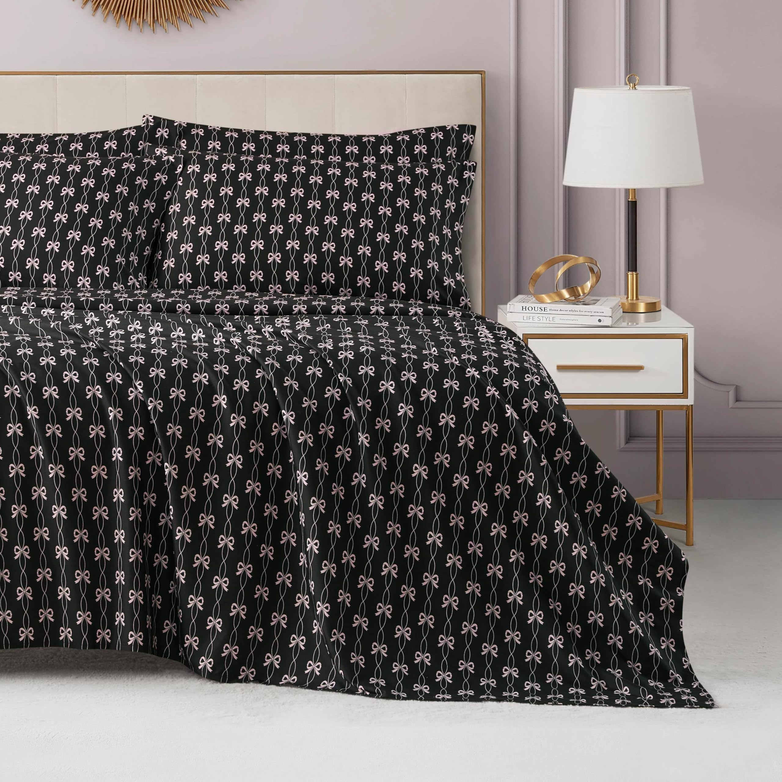 Juicy Couture Printed Microfiber 4-Piece Twin Sheet Set, Ribbon Line Black