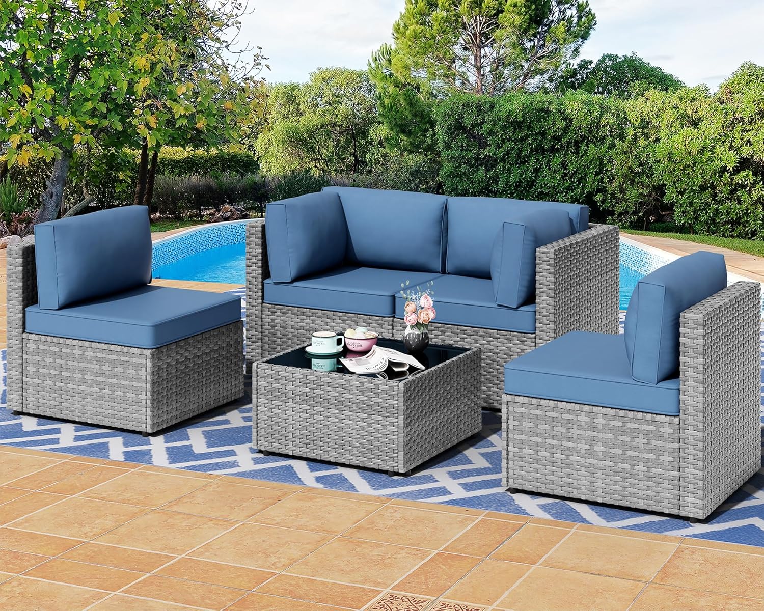 Shintenchi 5 Pieces Outdoor Patio Sectional Sofa Couch, Silver Gray PE Wicker Furniture Conversation Sets with Washable Cushions & Glass Coffee Table for Garden, Poolside, Backyard (Aegean Blue)