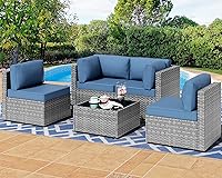 Shintenchi 5-Piece Outdoor Sectional Sofa Set, Silver Gray PE Wicker with Aegean Blue Washable Cushions & Glass Coffee Table