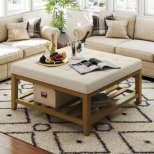 Large Square Ottoman Coffee Table, Linen Solid Upholstered Footrest Ottoman