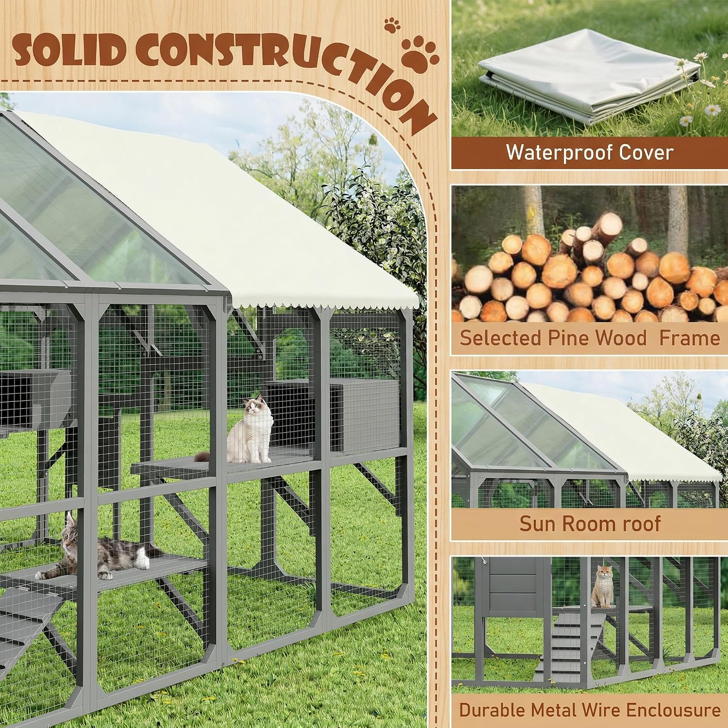 Large Catio Outdoor Cat Enclosure for Backyard and Patio, Walk-in Wooden Cat House with 7 Platforms, 2 Resting Boxes, Bridge and Ramp, Multi-cat Playpen with Weather-Proof Sunshine Board Roof, Gray