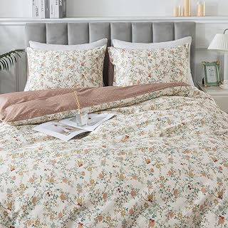 HoneiLife Botanical Duvet Cover Queen - 100% Cotton Comforter Cover Sets, Floral Duvet Cover Sets,Wildflower Bedlinen Set with Zipper Closure & Corner Ties