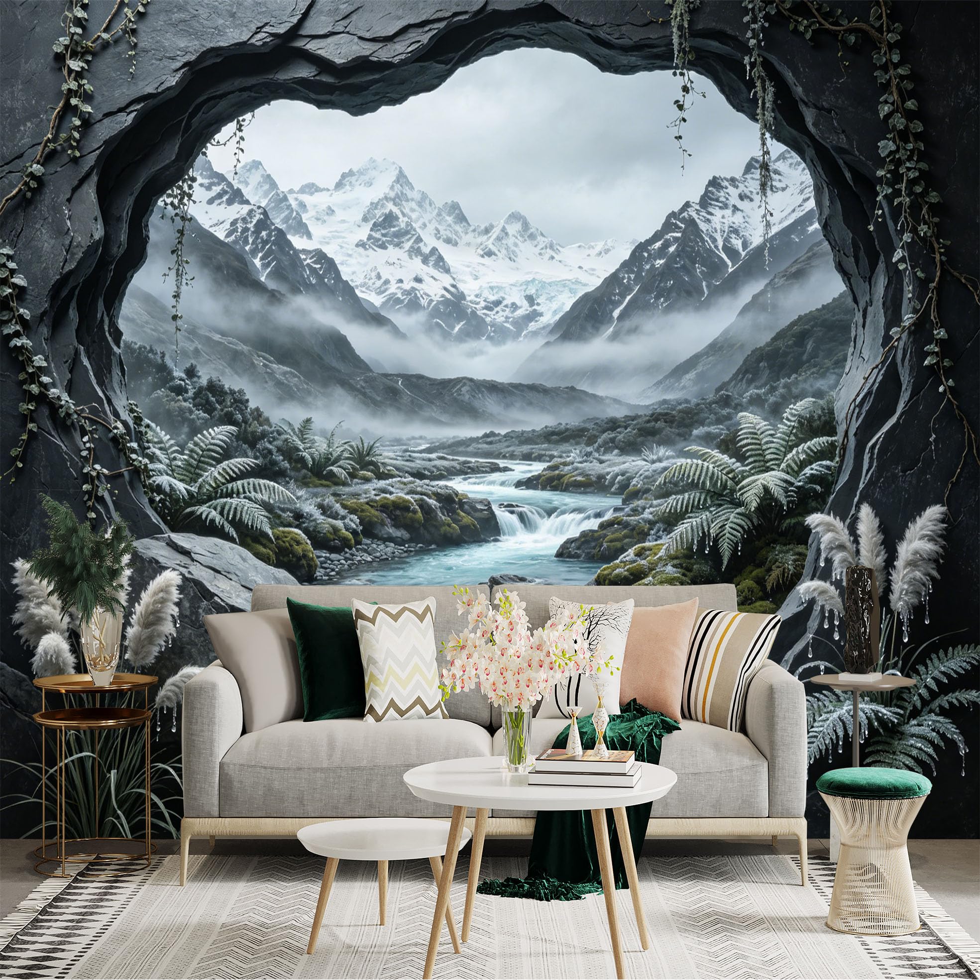 Custom Size Wall Sticker Mural， Snowy Mountain River Valley View with Waterfall and Green Ferns， for wall Decoration， peelandstick wall Decals.