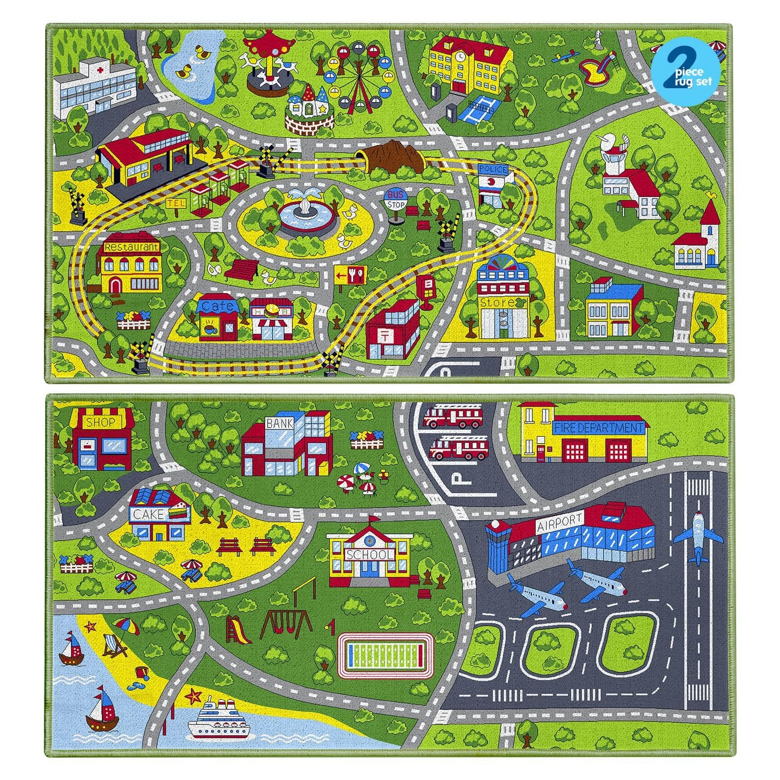 Booooom Jackson Pack 2 Car Play Mats for Kids-Car Mat for Children-Car Rug for Kid Toy Cars-Toy Car Road Mat-Car Play Carpet-City Playmat-Car Map Rug-Car Track Floor Mat for Bedroom Playroom Classroom