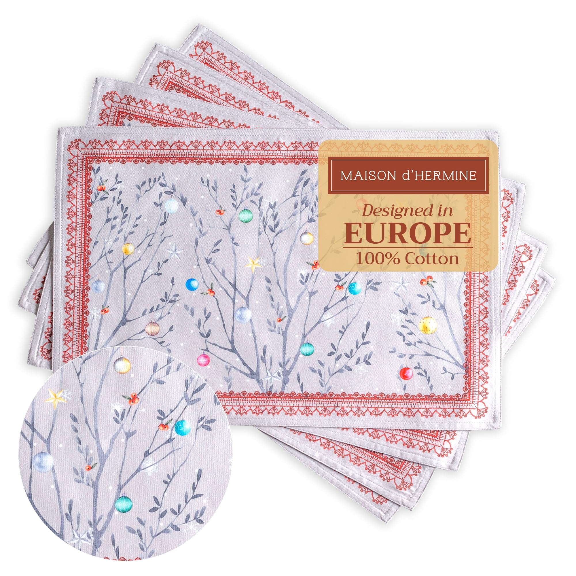 Maison d' Hermine Fairy Christmas 100% Cotton Placemats Set of 4 for Dining Table, Kitchen, Wedding, Daily Use, Dinners, Thanksgiving Parties, Christmas (33cm x 48cm)