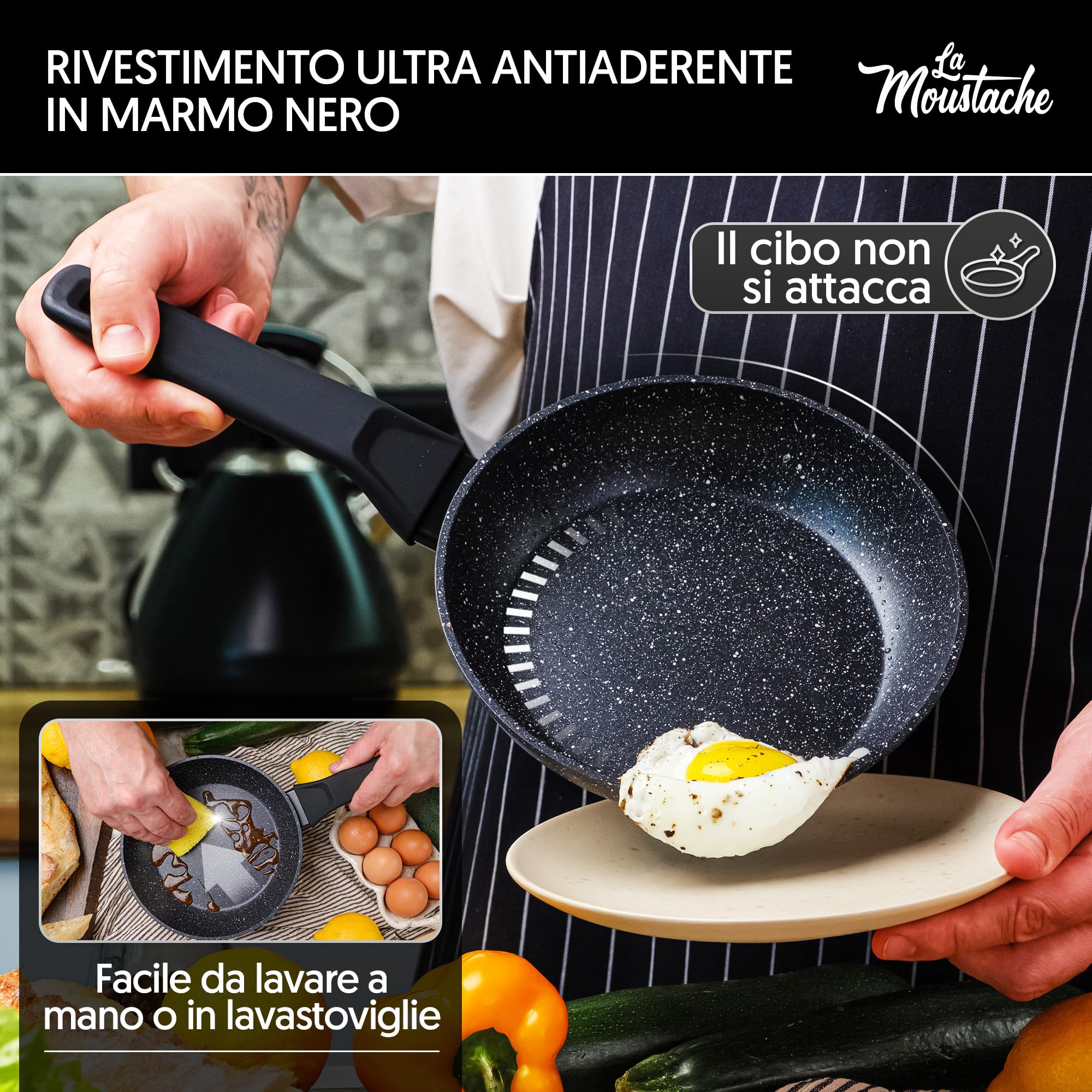 La Moustache - Batteria di Pentole【8 Pezzi】a Induzione in Alluminio con Antiaderente, Set di 3 Casseruole Ø 16/20/24 cm, 3 Coperchi e 2 Padelle Ø 20/24 cm, Manici in Bakelite (Onix)