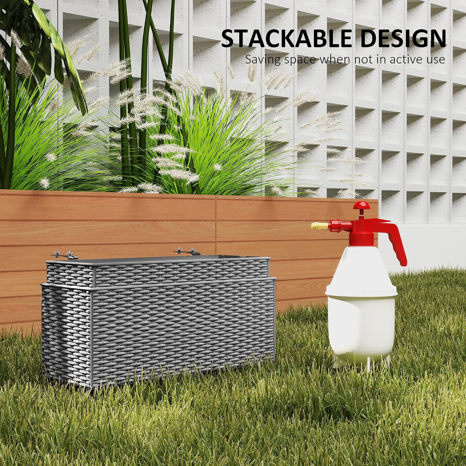 Outsunny Railing Planter Box (2 Pack, 20 Inch), Hanging Flower Pots with Hooks, Drainage Holes for Fence, Balcony, Garden, Patio, Rattan Look, Gray