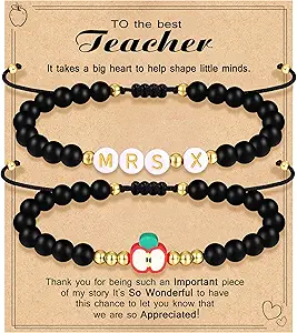 Teacher Appreciation Bracelet Gifts for Women Initial Beaded Bracelets Back to School Thank You Teacher Gifts 2pcs Link Bracelet New Teacher Graduation Gift Birthday Retirement Teachers' Day Jewelry