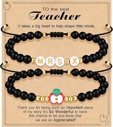 Teacher Appreciation Bracelet Gifts for Women Initial Beaded Bracelets Back to School Thank You Teacher Gifts 2pcs Link Bracelet New Teacher Graduation Gift Birthday Retirement Teachers' Day Jewelry