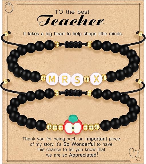 Teacher Appreciation Bracelet Gifts for Women Initial Beaded Bracelets Back to School Thank You Teacher Gifts 2pcs Link Bracelet New Teacher Graduation Gift Birthday Retirement Teachers' Day Jewelry